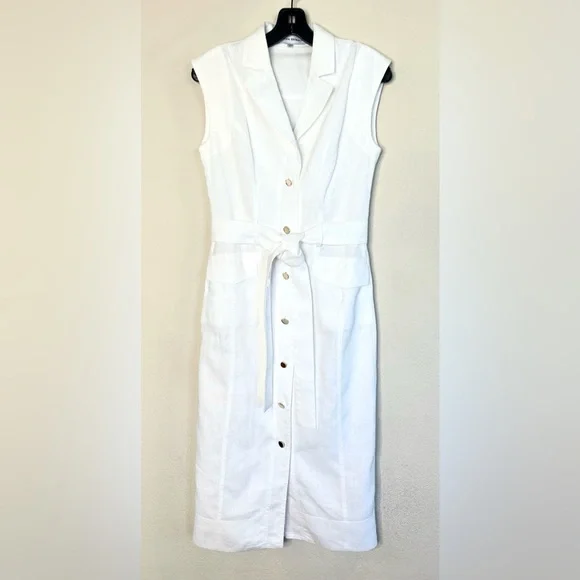 Karina Grimaldi Airim Linen Midi Dress XS White Button Front Belted Karina Grimaldi Airim Linen Midi Dress XS White Button Front Belted